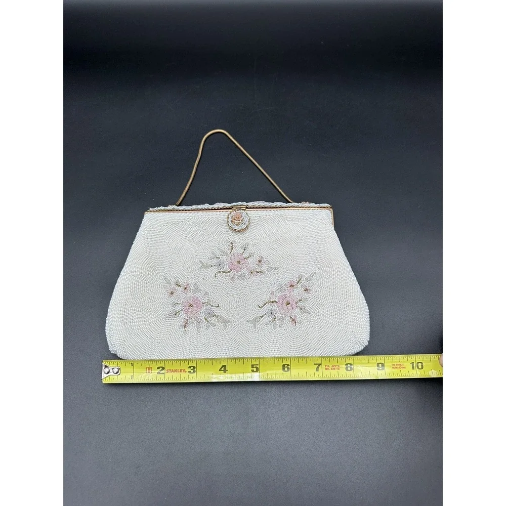 RARE VINTAGE PETITE POINT BEADED HOMEMADE‎ IN FRANCE FLORAL HANDBAG
